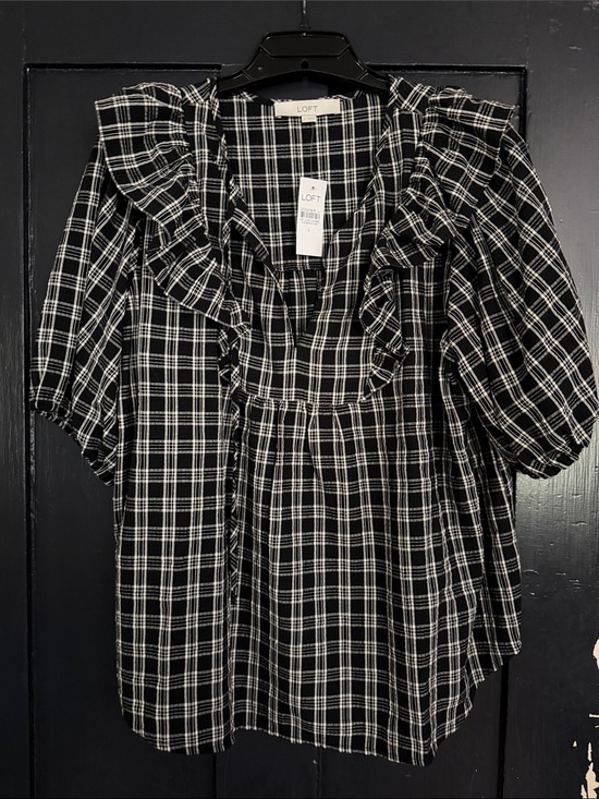 LOFT Tops - LOFT Black & White Plaid Ruffle Neck Peasant Top
